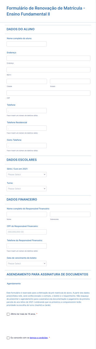 Formulário De Renovação De Matrícula Ensino Fundamental II