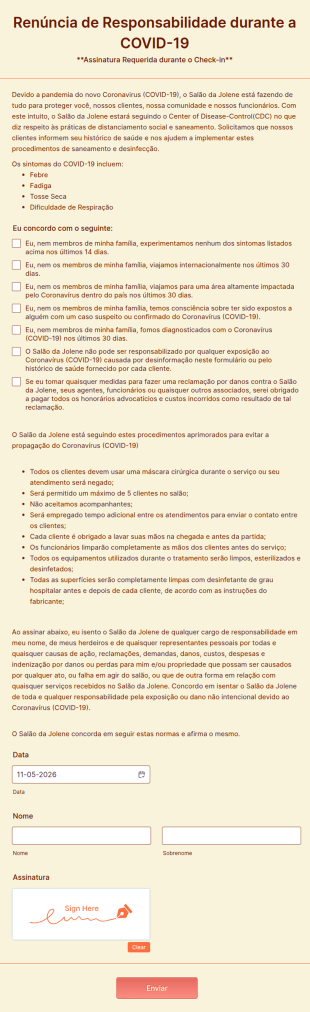 Formulário De Renúncia De Responsabilidade Para Tratamentos A Laser Durante A COVID 19