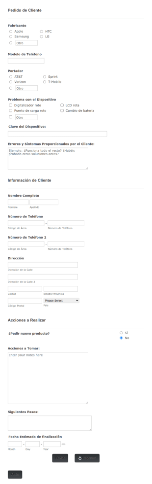 Formulario De Reparación De Teléfono