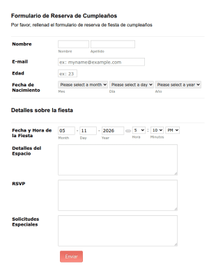 Formulario De Reserva De Cumpleaños