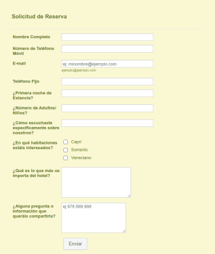 Formulario De Reserva De Habitación De Hotel