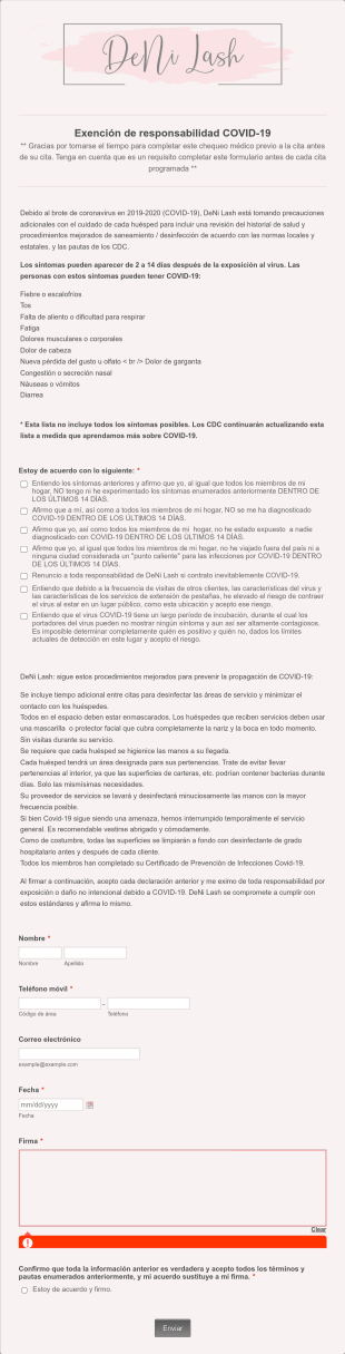 Formulario De Responsabilidad De Extensión De Pestañas COVID 19 Form Template
