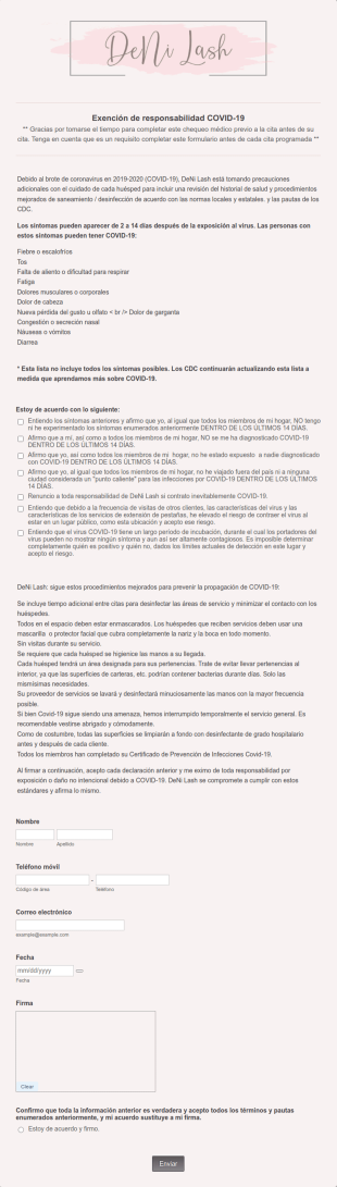 Formulario De Responsabilidad De Extensión De Pestañas COVID 19