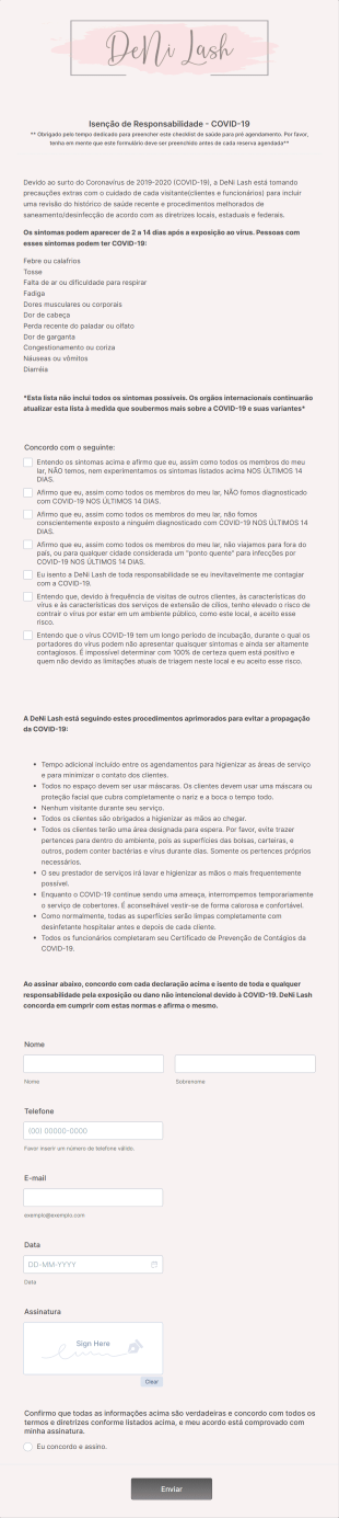 Formulário De Responsabilidade Por Extensão De Cílios Durante A COVID 19 Form Template