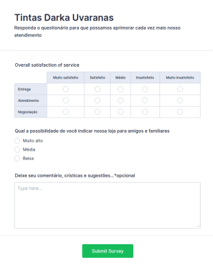 Formulário De Satisfação Cliente Tintas Darka