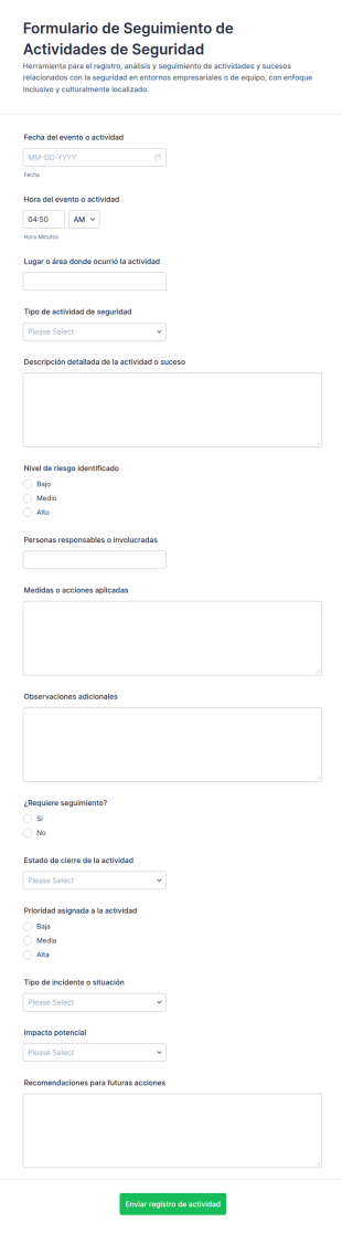 Formulario De Seguimiento De Actividades De Seguridad