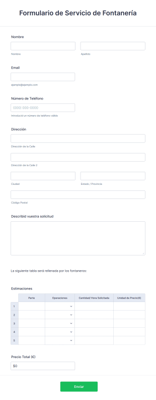 Formulario De Servicio De Fontanería
