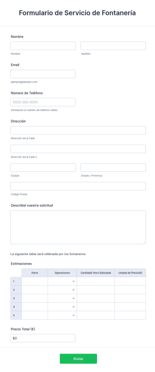 Formulario De Servicio De Fontanería
