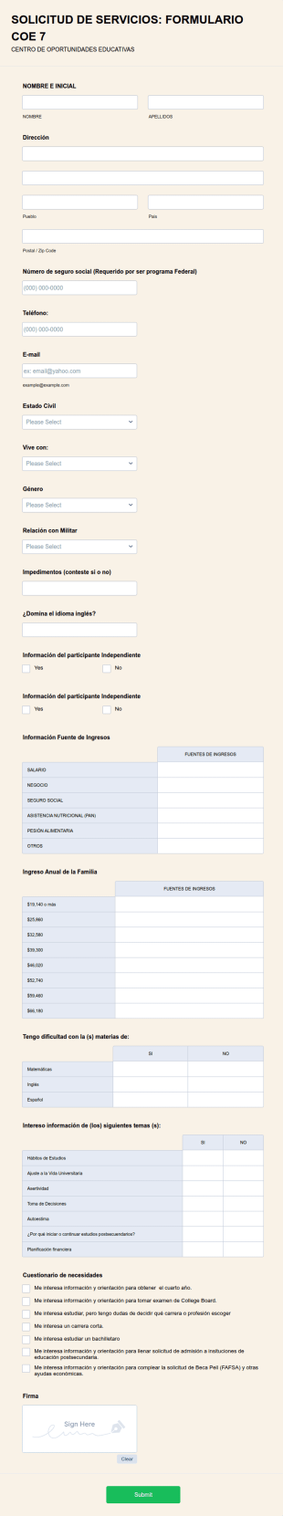 Formulario De Servicios COE 7 CENTRO DE OPORTUNIDADES EDUCATIVAS