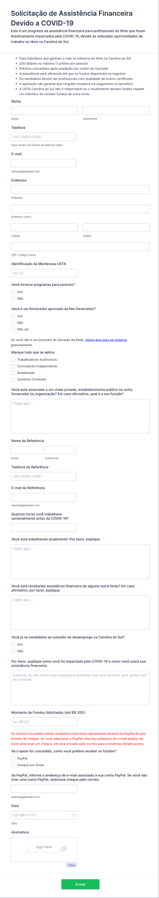 Formulário De Solicitação De Assistência Financeira Devido A COVID 19