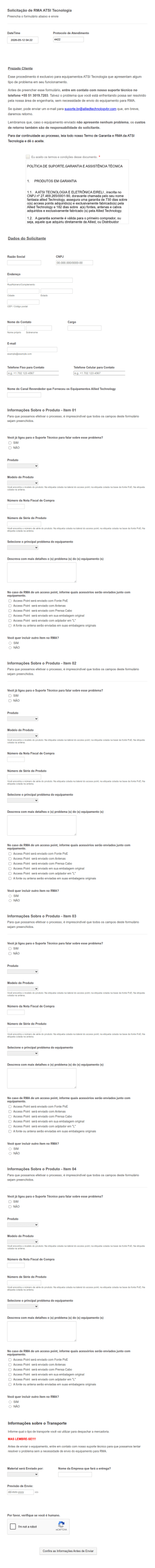 Formulário De Solicitação De Assistência Técnica