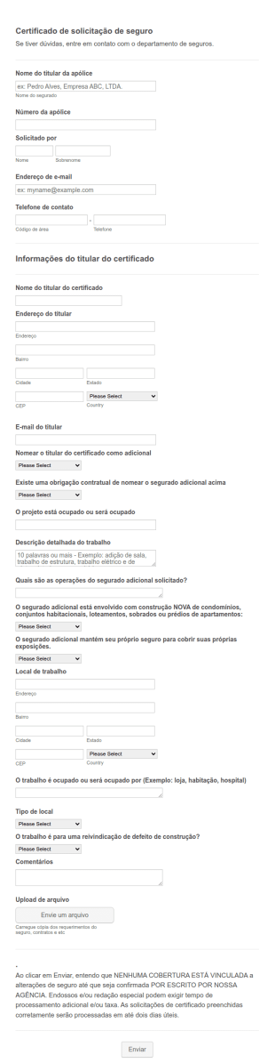 Formulário De Solicitação De Certificado De Seguro