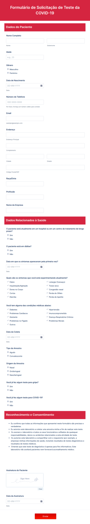 Formulário De Solicitação De Teste Da COVID 19