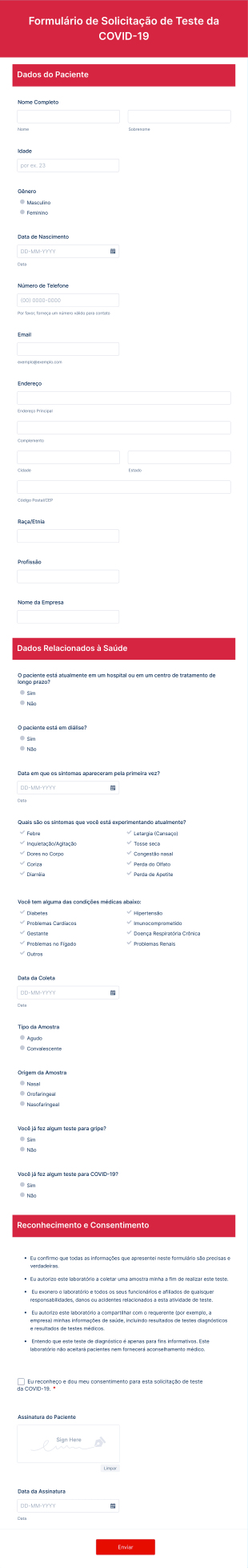 Formulário De Solicitação De Teste Da COVID 19 Form Template