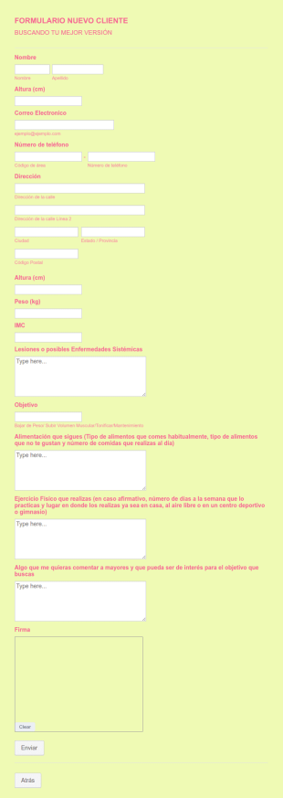Formulario De Solicitud De Dieta Y Entrenamiento
