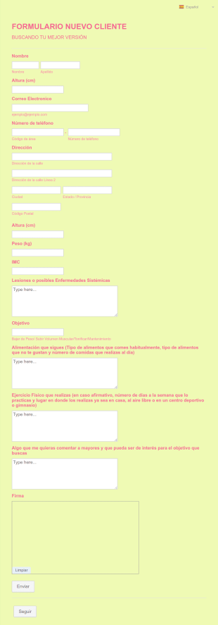 Formulario De Solicitud De Dieta Y Entrenamiento