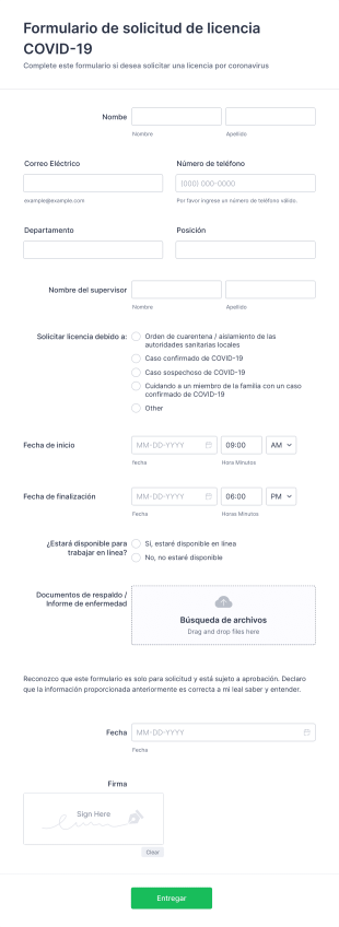 Formulario De Solicitud De Licencia COVID 19 Form Template