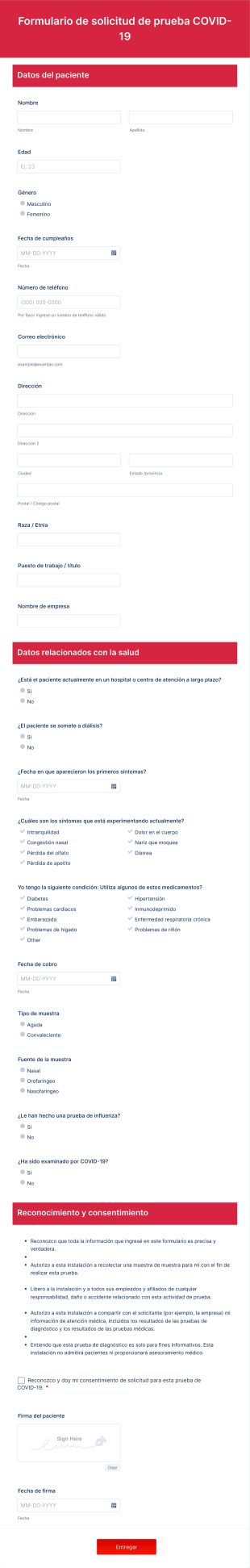 Formulario De Solicitud De Prueba COVID 19 Form Template