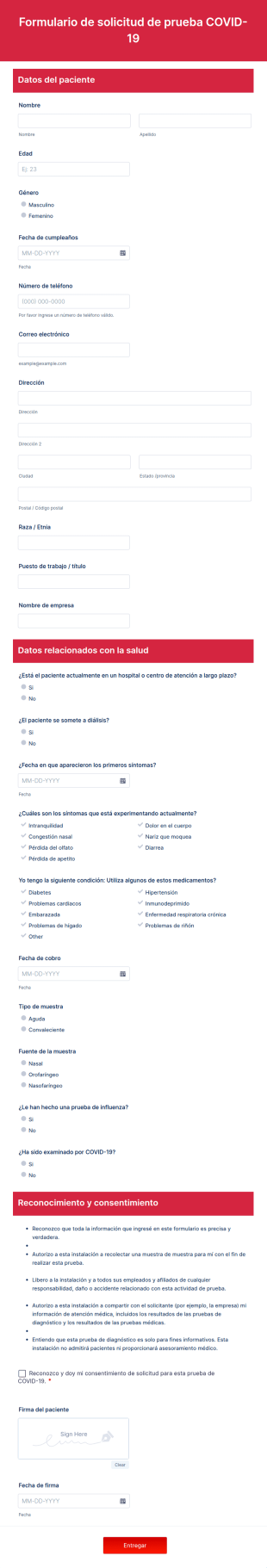 Formulario De Solicitud De Prueba COVID 19