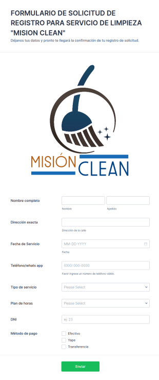 Formulario De Solicitud De Registro Para Servicio De Limpieza "Mision Clean"