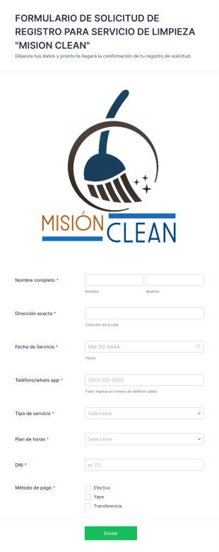 Formulario De Solicitud De Registro Para Servicio De Limpieza "Mision Clean" Form Template