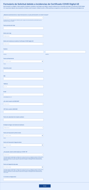 Formulario De Solicitud Debido A Incidencias De Certificado COVID Digital UE