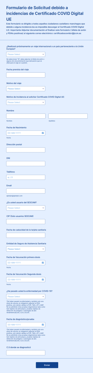 Formulario De Solicitud Debido A Incidencias De Certificado COVID Digital UE
