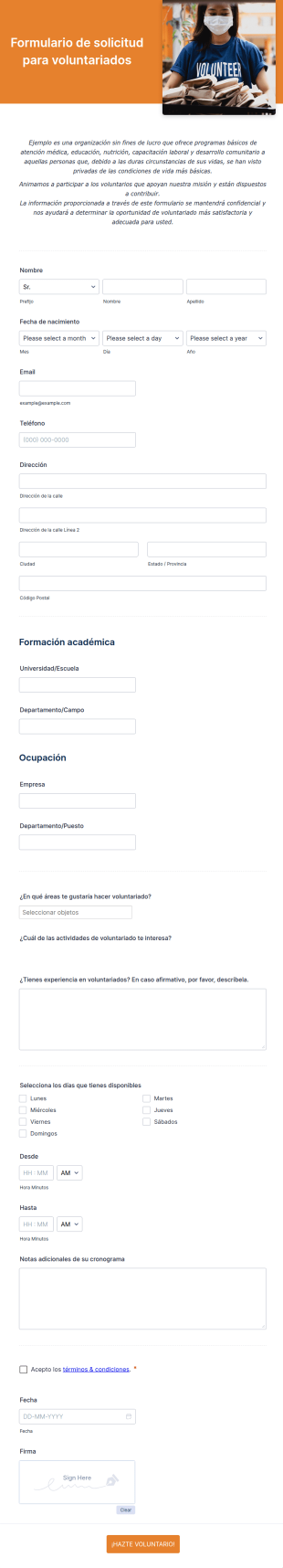 Formulario De Solicitud Para Voluntariados Sin Fines De Lucro