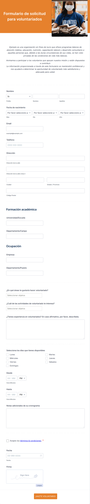 Formulario De Solicitud Para Voluntariados Sin Fines De Lucro