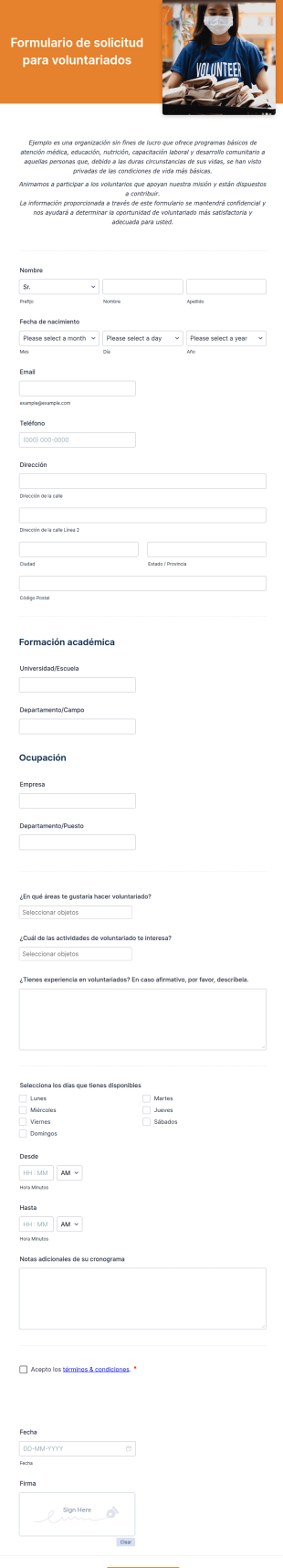 Formulario De Solicitud Para Voluntariados Sin Fines De Lucro