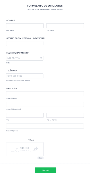 FORMULARIO DE SUPLIDORES (servicios Profesionales & Empleados) Form Template