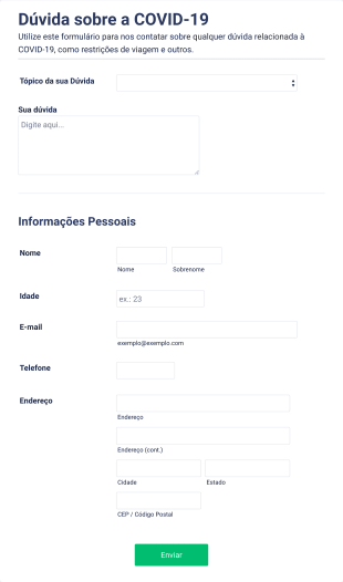 Formulário De Suporte Para Dúvidas Relacionadas A COVID 19