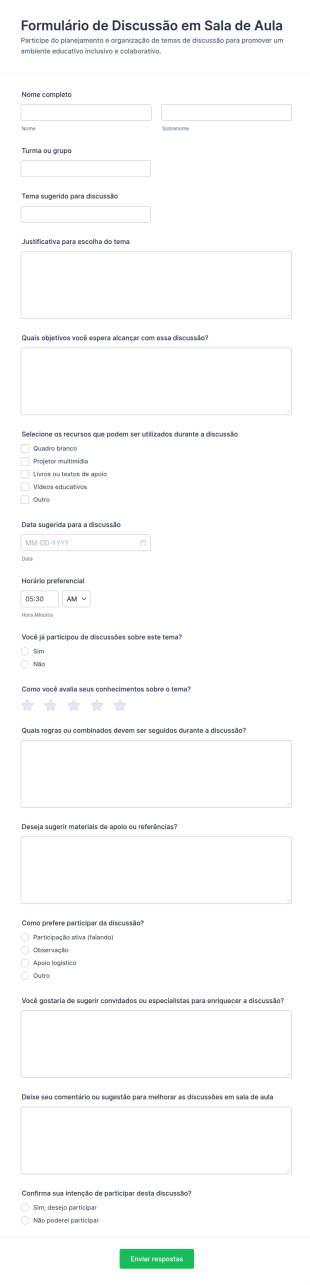 Formulário De Tópicos Para Discussão Em Sala De Aula