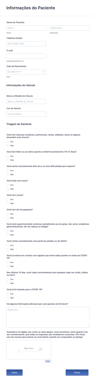 Formulário De Triagem Da COVID 19 Antes Da Chegada Do Paciente