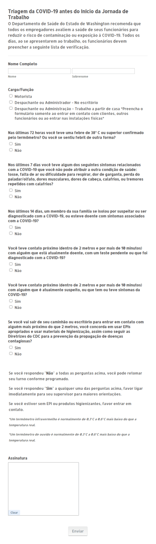 Formulário De Triagem Da COVID 19 Antes Do Início Da Jornada De Trabalho