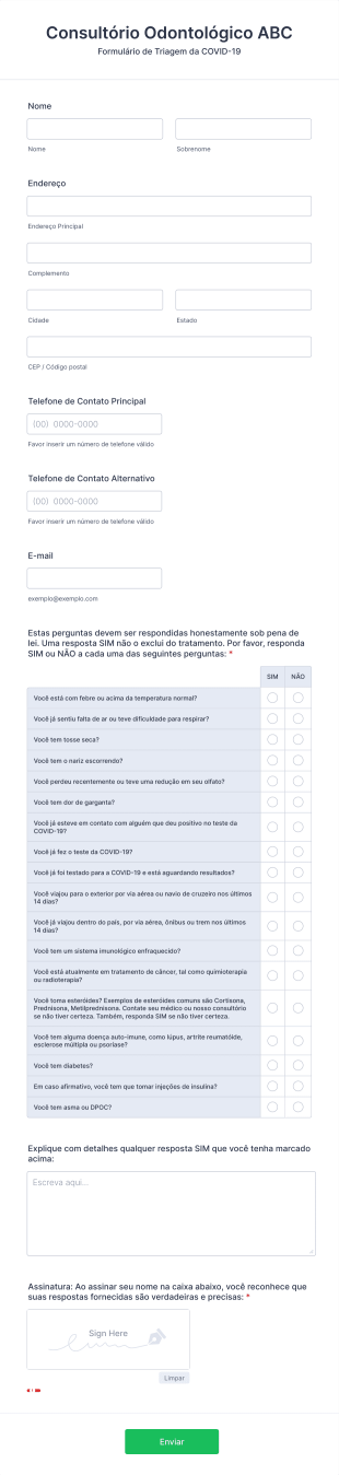 Formulário De Triagem Da COVID 19 Para Consultórios Odontológicos