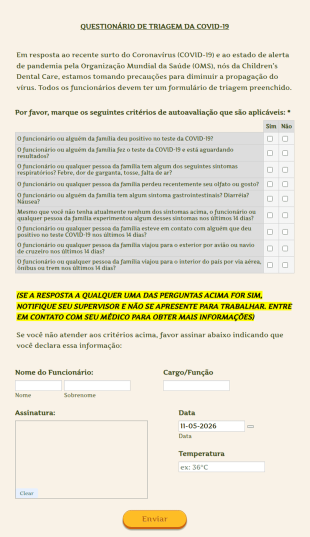 Formulário De Triagem Da COVID 19 Para Funcionários