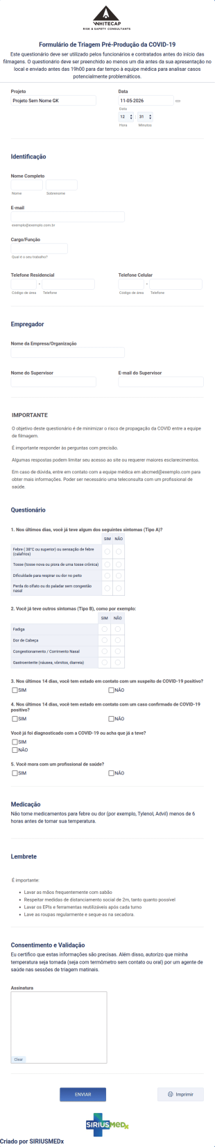 Formulário De Triagem Da Equipe De Filmagem Durante A COVID 19