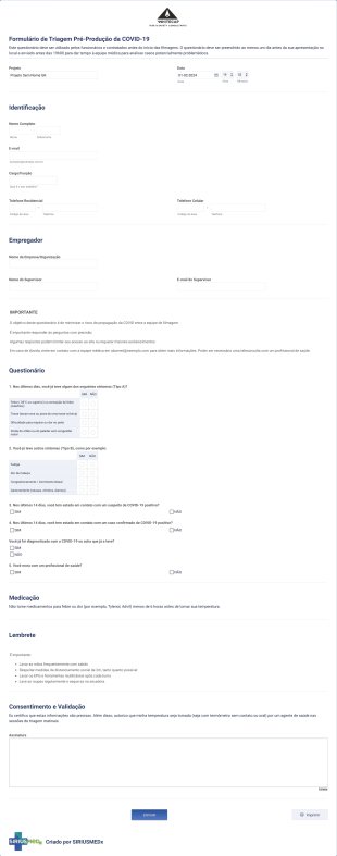 Formulário De Triagem Da Equipe De Filmagem Durante A COVID 19 Form Template