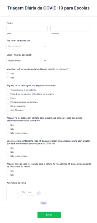 Formulário De Triagem Diária Da COVID 19 Para Escolas