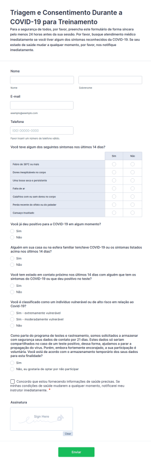 Formulário De Triagem Durante A COVID 19 Para Treinadores E Personal Trainers