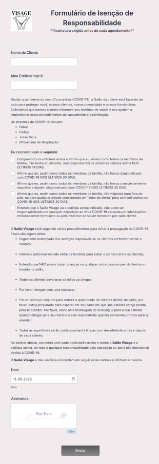 Formulário De Triagem E Isenção De Responsabilidade Dos Serviços Oferecidos Pelo Salão Durante