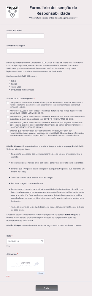 Formulário De Triagem E Isenção De Responsabilidade Dos Serviços Oferecidos Pelo Salão Durante Form Template