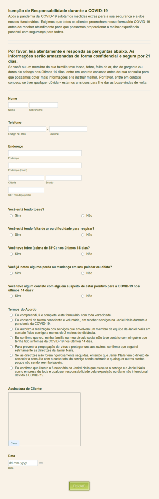 Formulário De Triagem E Isenção De Responsabilidade Durante A COVID 19 Para Prestação De Servi?