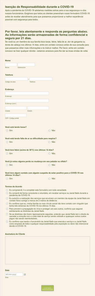 Formulário De Triagem E Isenção De Responsabilidade Durante A COVID 19 Para Prestação De Servi?