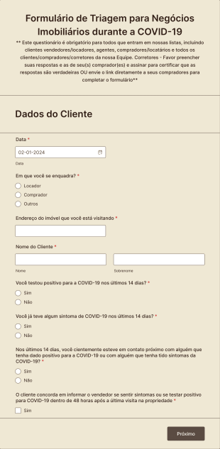 Formulário De Triagem Para Negócios Imobiliários Durante A COVID 19