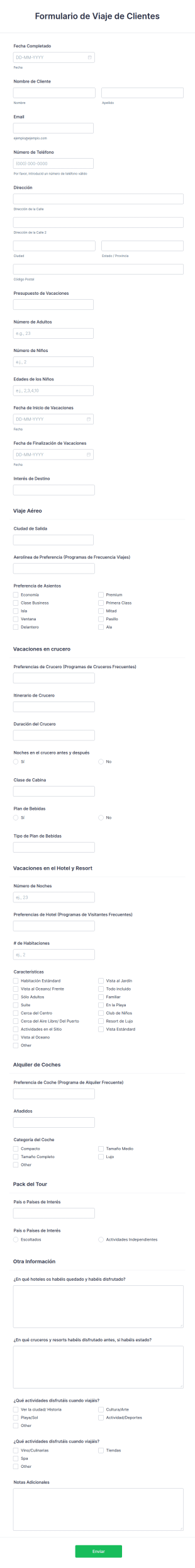 Formulario De Viaje De Clientes