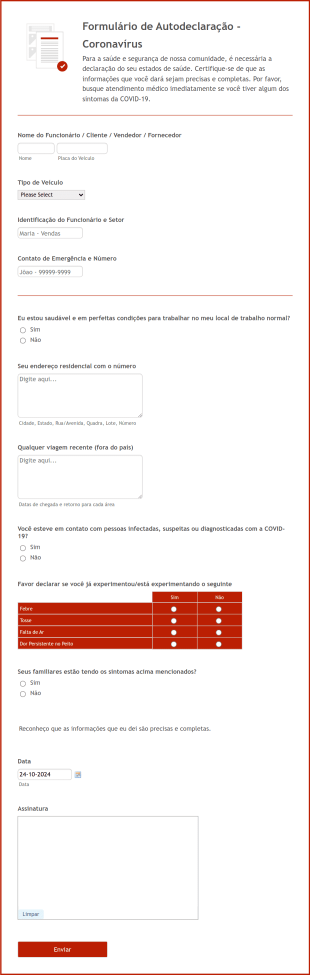 Formulário Do RH Para Autodeclaração Do Estado De Saúde Durante A Pandemia Do Coronavírus Form Template