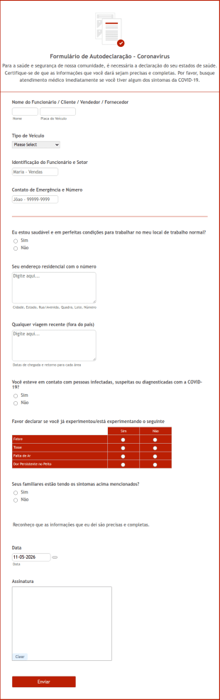Formulário Do RH Para Autodeclaração Do Estado De Saúde Durante A Pandemia Do Coronavírus