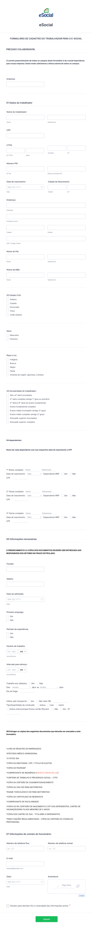 Formulário E Social Form Template